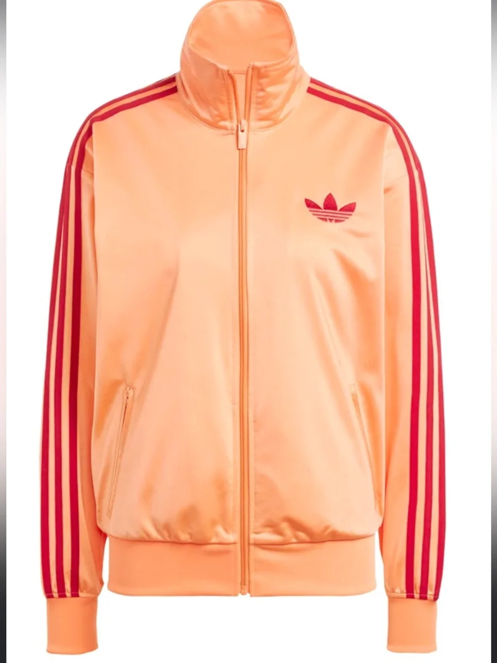 Adidas Women’s Peach Orange Track Jacket with Oxblood Red Trefoil & Stripes